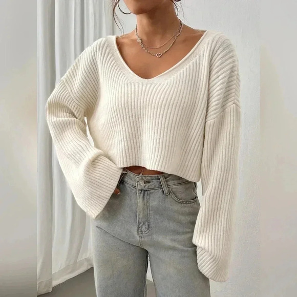 Solid Drop Shoulder Crop Ribbed Knit Sweater - Picture 4 of 6